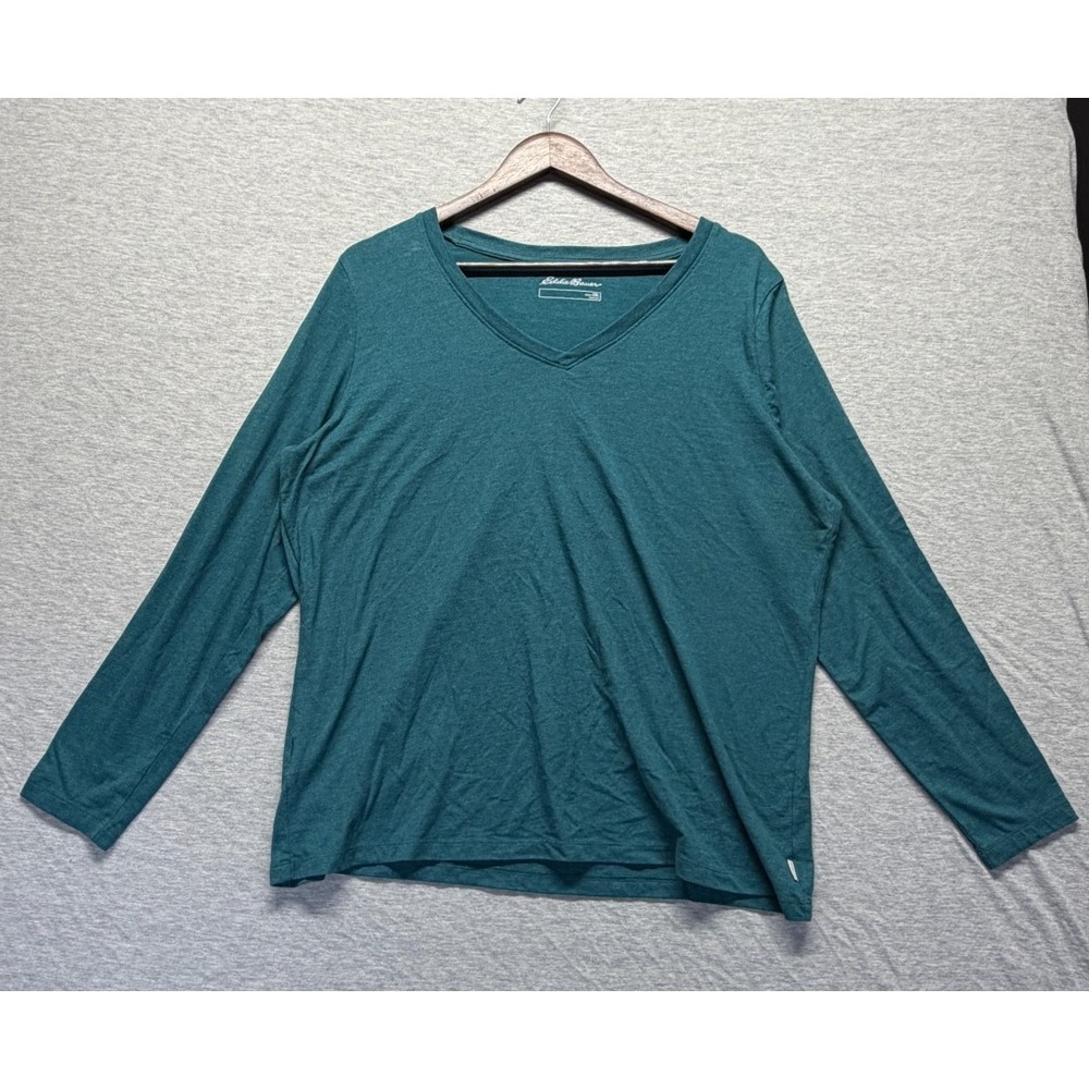 Eddie Bauer T Shirt Top Womens 2XL Teal Cotton Blend‎ Relaxed Long Sleeve V-Neck